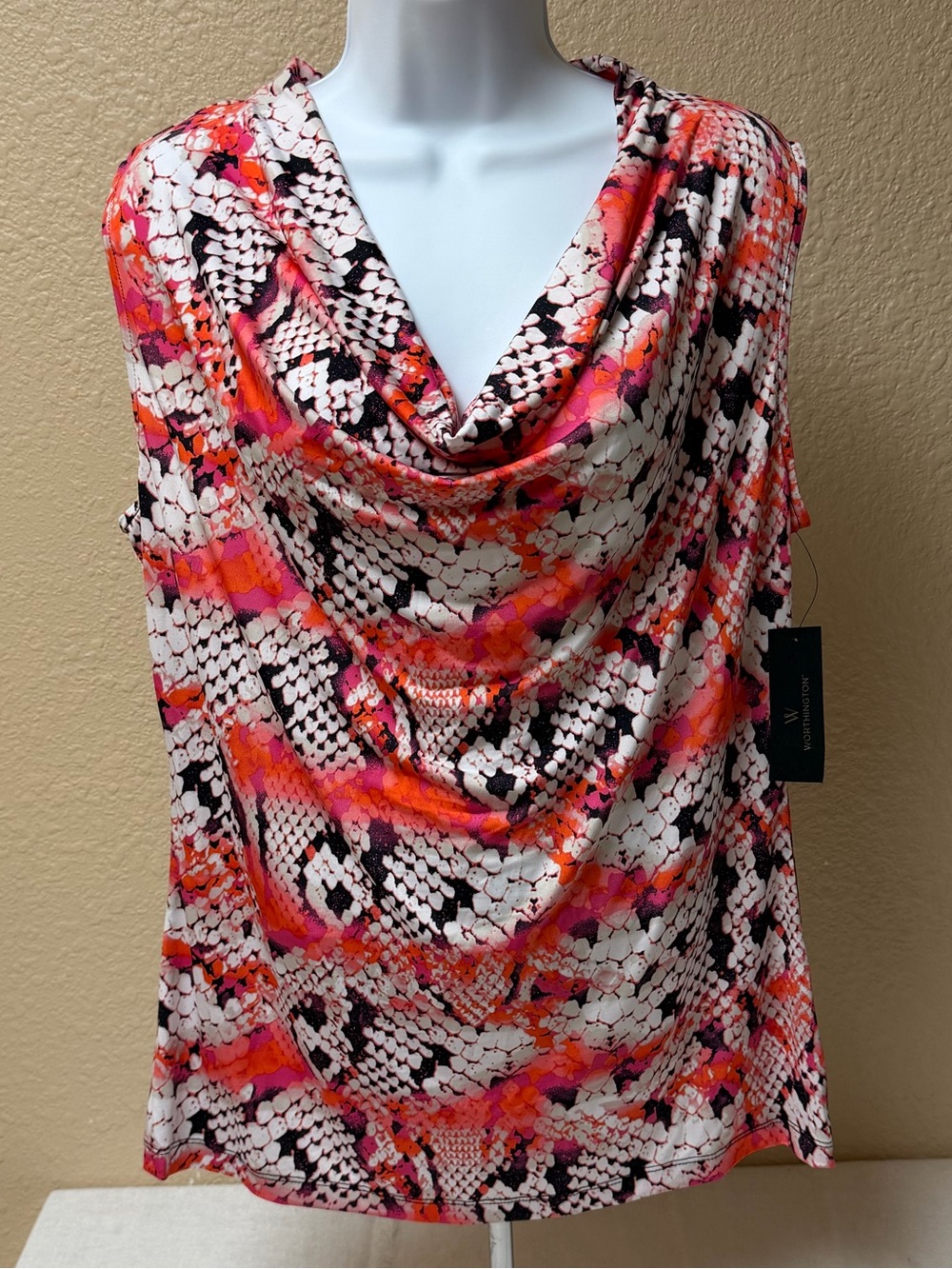4/$20 Worthington Cowl Neck Top in Pink, Orange & White Snake-Print